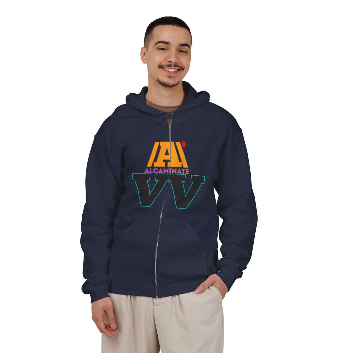 Alcaminate Logo Zip Hoodie — Retro Neon Graphic Full-Zip Sweatshirt