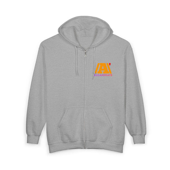 Alcamin8 Logo Zip Hoodie — Black Full-Zip Sweatshirt with Colorful Back Text