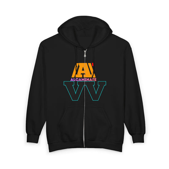 Alcaminate Logo Zip Hoodie — Retro Neon Graphic Full-Zip Sweatshirt