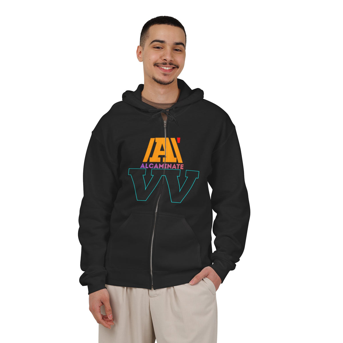 Alcaminate Logo Zip Hoodie — Retro Neon Graphic Full-Zip Sweatshirt