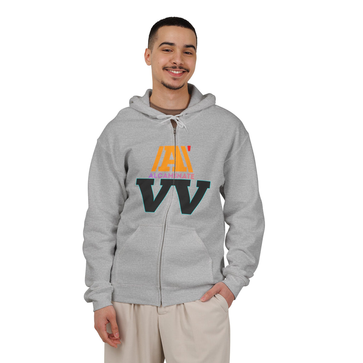 Alcaminate Logo Zip Hoodie — Retro Neon Graphic Full-Zip Sweatshirt
