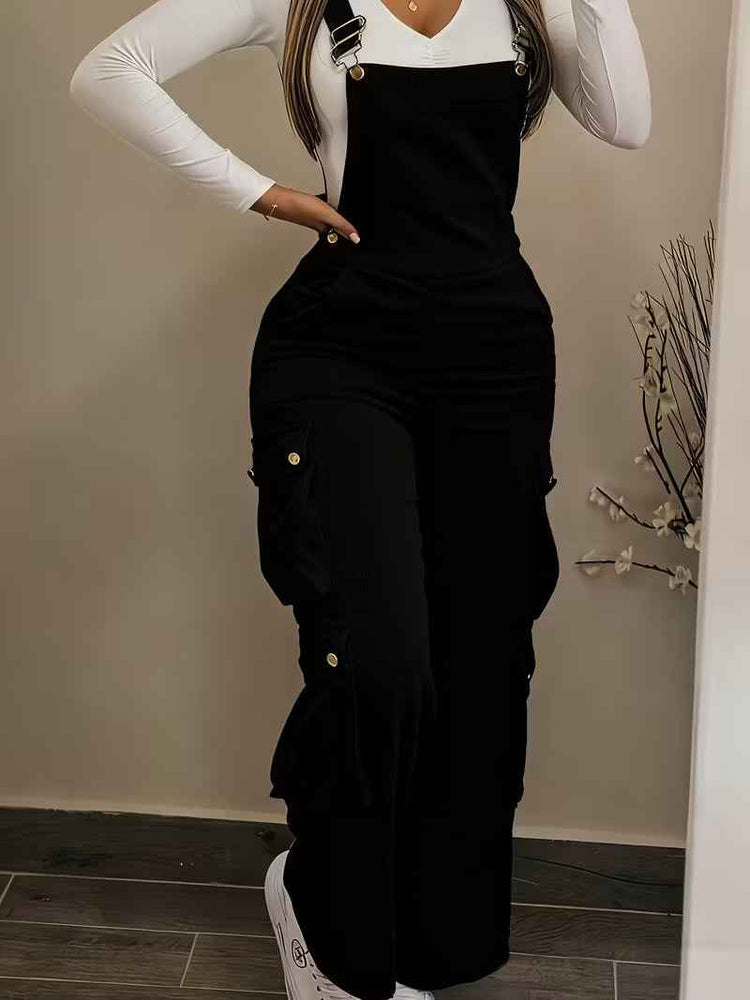 Women Casual Multi Pocket Corduroy Overalls Jumpsuits Straight Leg Cargo Pants