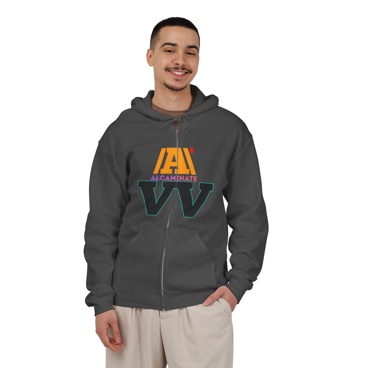 Alcaminate Logo Zip Hoodie — Retro Neon Graphic Full-Zip Sweatshirt