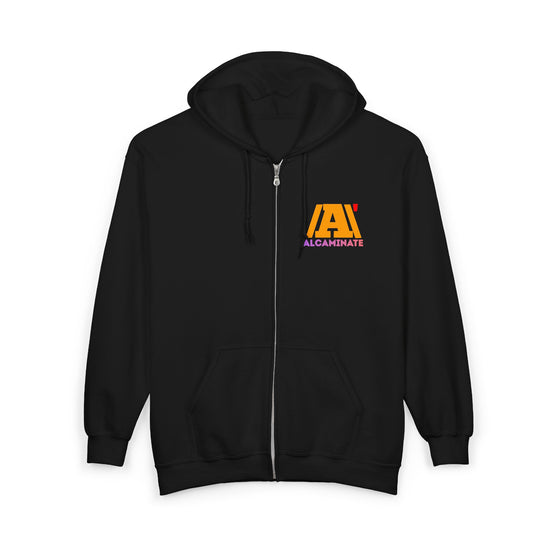 Alcamin8 Logo Zip Hoodie — Black Full-Zip Sweatshirt with Colorful Back Text