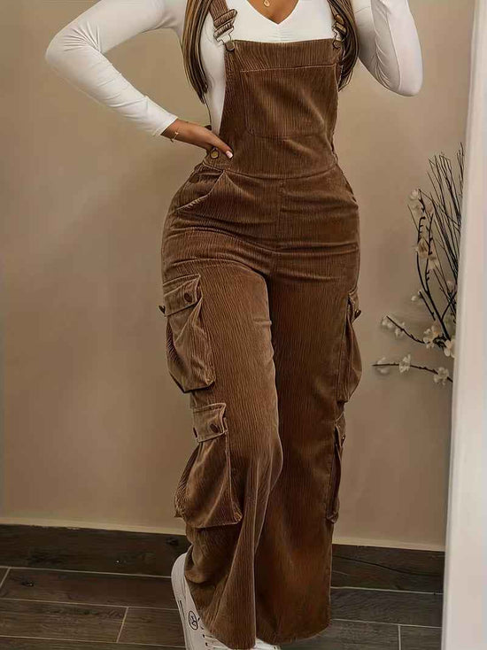 Women Casual Multi Pocket Corduroy Overalls Jumpsuits Straight Leg Cargo Pants