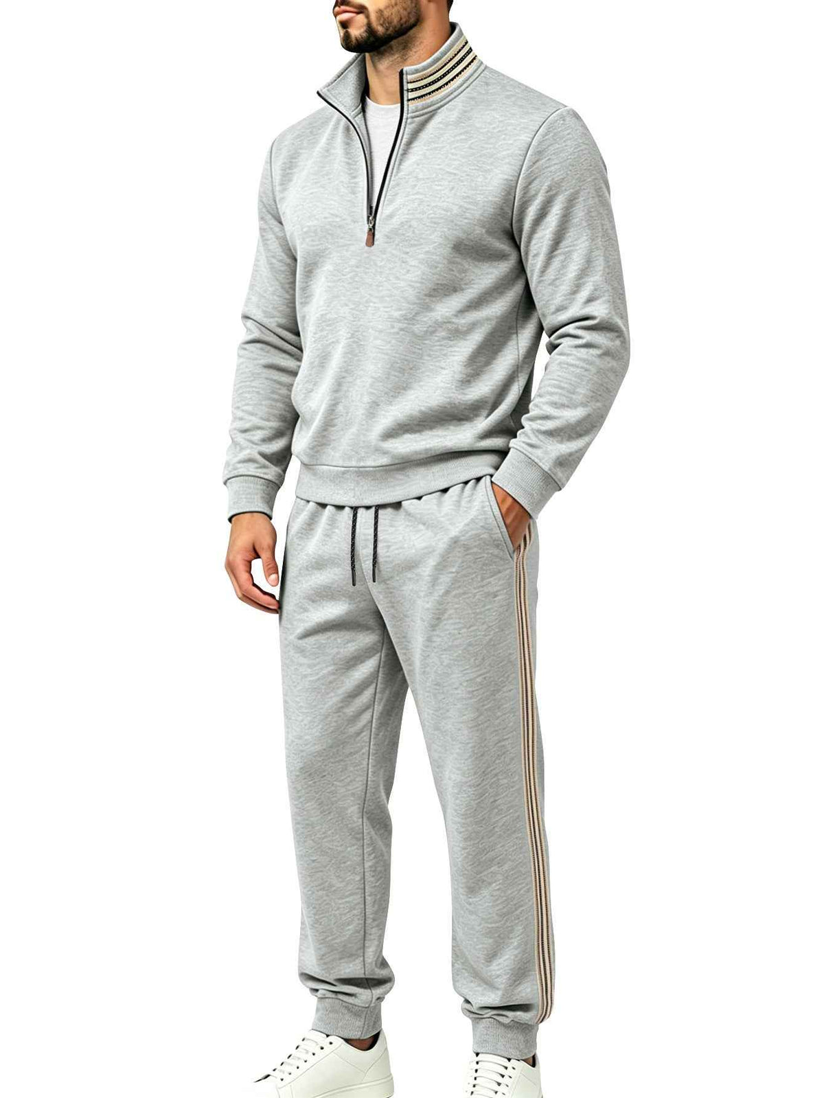 American-style Striped Half-zip Stand-collar Casual Sportswear Set
