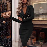 Solid Color V-Neck Double Breasted Blazer Bodycon Midi Dress Women