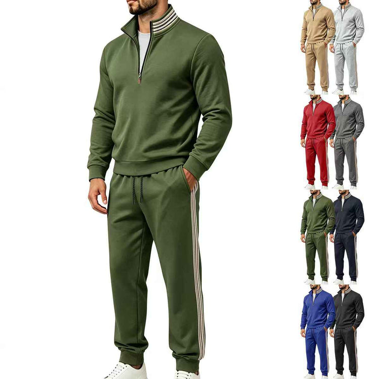 American-style Striped Half-zip Stand-collar Casual Sportswear Set