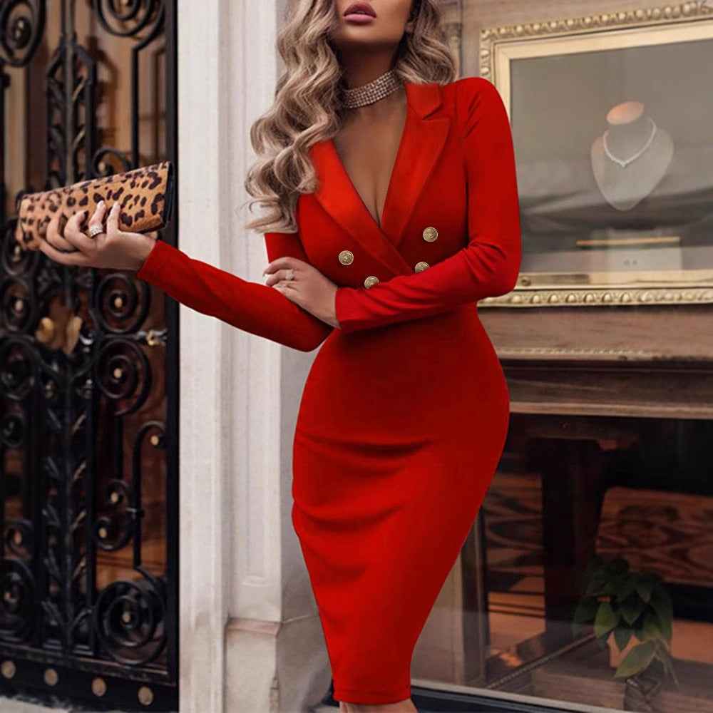 Solid Color V-Neck Double Breasted Blazer Bodycon Midi Dress Women