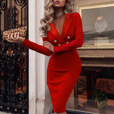 Solid Color V-Neck Double Breasted Blazer Bodycon Midi Dress Women
