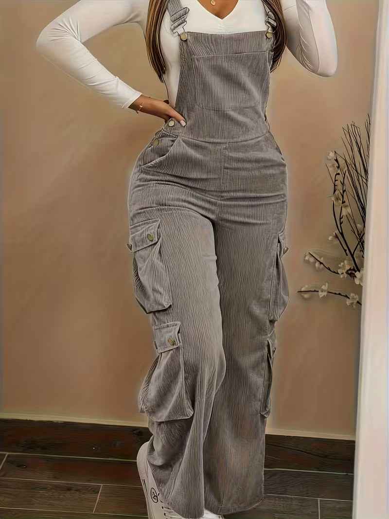 Women Casual Multi Pocket Corduroy Overalls Jumpsuits Straight Leg Cargo Pants