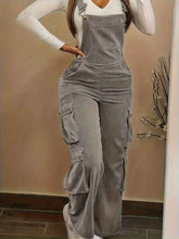 Women Casual Multi Pocket Corduroy Overalls Jumpsuits Straight Leg Cargo Pants